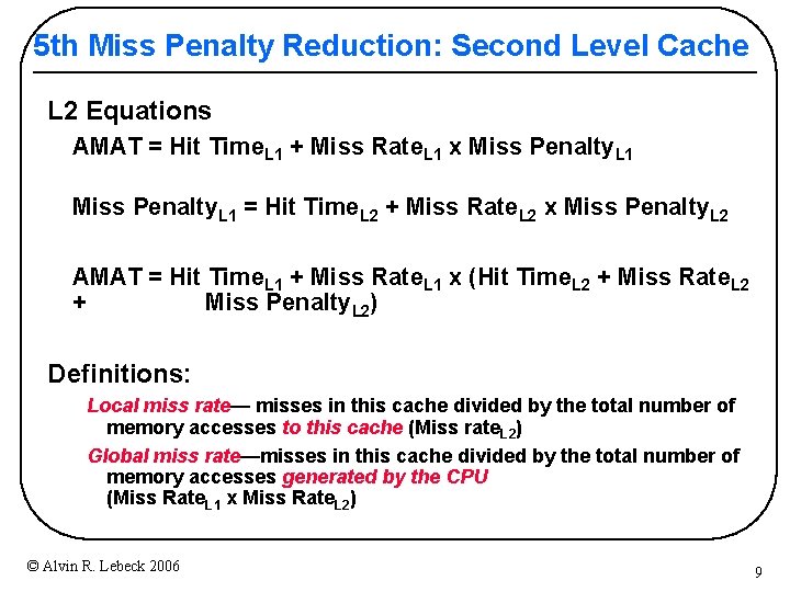 5 th Miss Penalty Reduction: Second Level Cache L 2 Equations AMAT = Hit