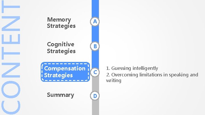 ONTEN Memory Strategies A Cognitive Strategies B Compensation C Strategies Summary D 1. Guessing