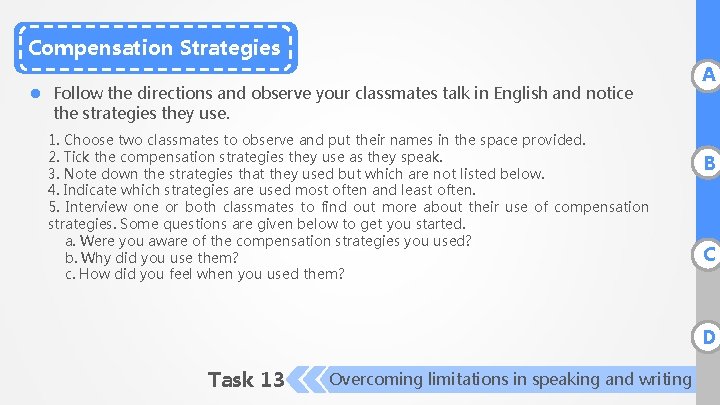 Compensation Strategies l Follow the directions and observe your classmates talk in English and