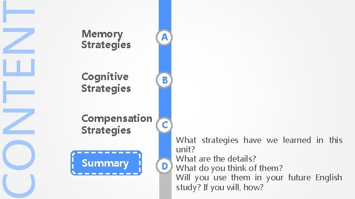 ONTEN Memory Strategies A Cognitive Strategies B Compensation C Strategies Summary D What strategies