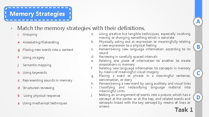 Memory Strategies A • Match the memory strategies with their definitions. i Grouping a.