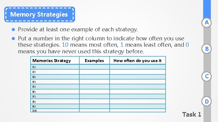 Memory Strategies A l Provide at least one example of each strategy. l Put