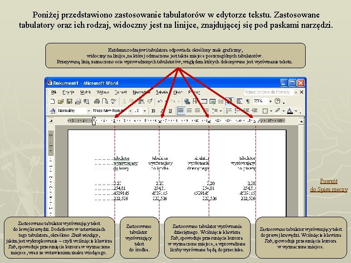 Poniżej przedstawiono zastosowanie tabulatorów w edytorze tekstu. Zastosowane tabulatory oraz ich rodzaj, widoczny jest