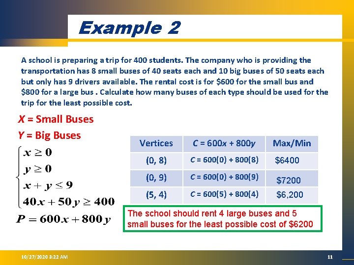 Example 2 A school is preparing a trip for 400 students. The company who