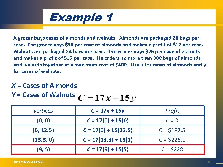 Example 1 A grocer buys cases of almonds and walnuts. Almonds are packaged 20