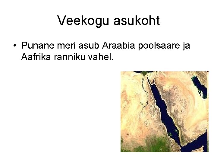 Veekogu asukoht • Punane meri asub Araabia poolsaare ja Aafrika ranniku vahel. 