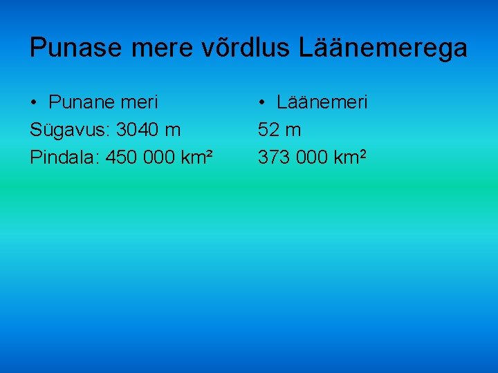 Punase mere võrdlus Läänemerega • Punane meri Sügavus: 3040 m Pindala: 450 000 km²