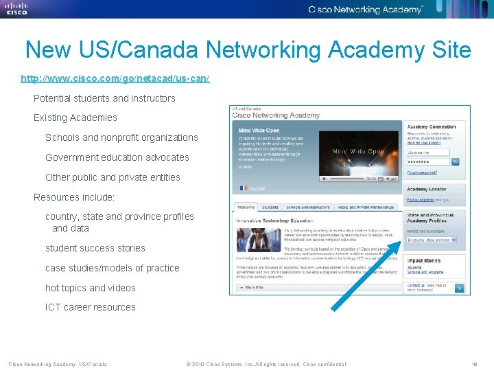 New US/Canada Networking Academy Site http: //www. cisco. com/go/netacad/us-can/ • Potential students and instructors