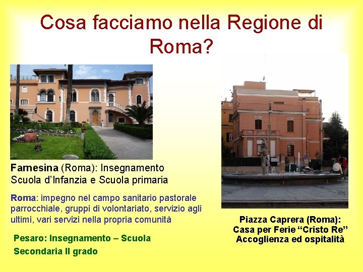 Cosa facciamo nella Regione di Roma? Farnesina (Roma): Insegnamento Scuola d’Infanzia e Scuola primaria Cosa facciamo nella Regione di Roma? Farnesina (Roma): Insegnamento Scuola d’Infanzia e Scuola primaria