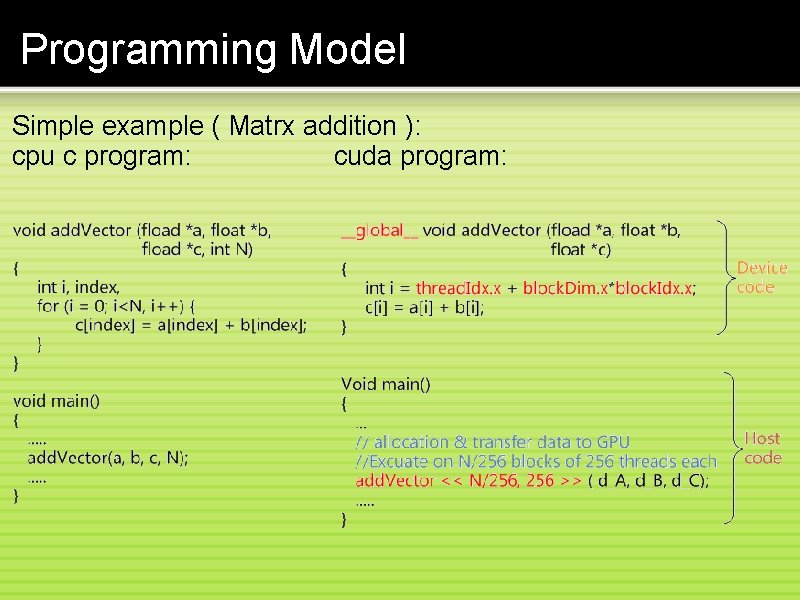 Programming Model Simple example ( Matrx addition ): cpu c program: cuda program: 