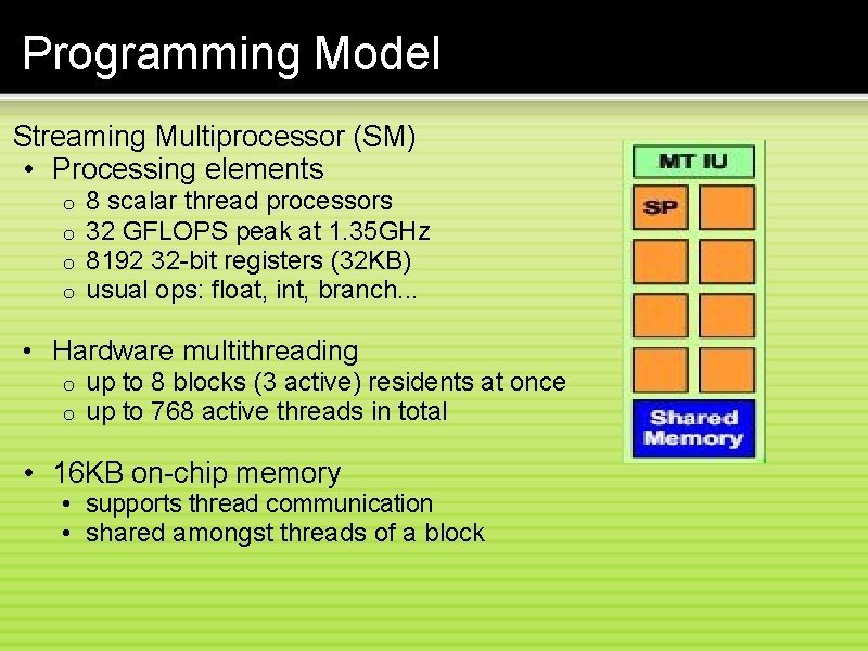 Programming Model Streaming Multiprocessor (SM) • Processing elements o o 8 scalar thread processors