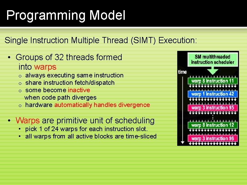 Programming Model Single Instruction Multiple Thread (SIMT) Execution: • Groups of 32 threads formed