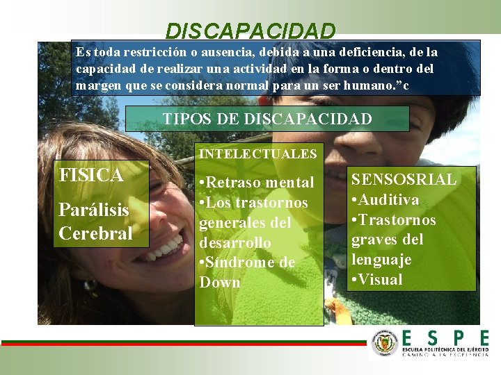DISCAPACIDAD Es toda restricción o ausencia, debida a una deficiencia, de la capacidad de