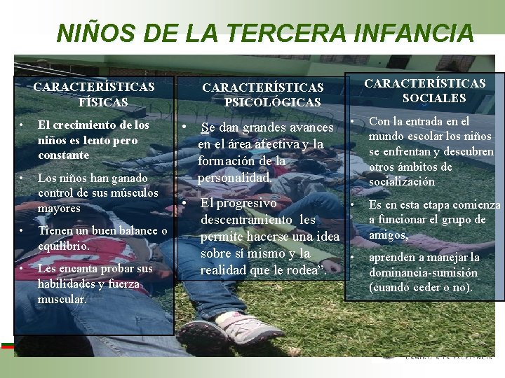 NIÑOS DE LA TERCERA INFANCIA CARACTERÍSTICAS FÍSICAS • El crecimiento de los niños es