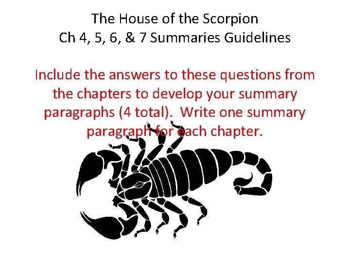 The House of the Scorpion Ch 4, 5, 6, & 7 Summaries Guidelines Include