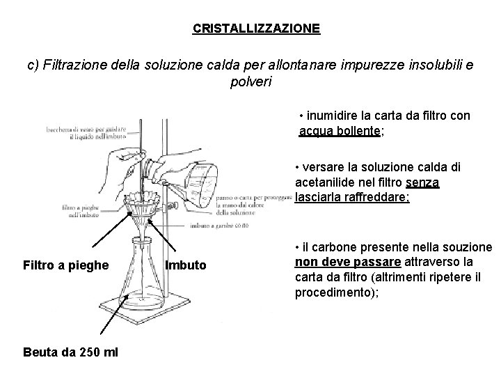 CRISTALLIZZAZIONE c) Filtrazione della soluzione calda per allontanare impurezze insolubili e polveri • inumidire