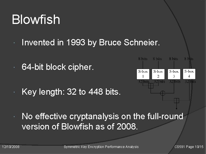 Blowfish Invented in 1993 by Bruce Schneier. 64 -bit block cipher. Key length: 32