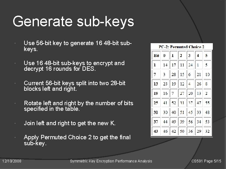 Generate sub-keys Use 56 -bit key to generate 16 48 -bit subkeys. Use 16