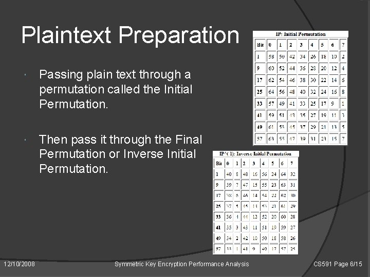 Plaintext Preparation Passing plain text through a permutation called the Initial Permutation. Then pass Plaintext Preparation Passing plain text through a permutation called the Initial Permutation. Then pass
