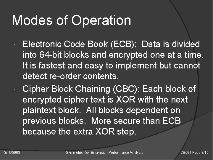 Modes of Operation Electronic Code Book (ECB): Data is divided into 64 -bit blocks