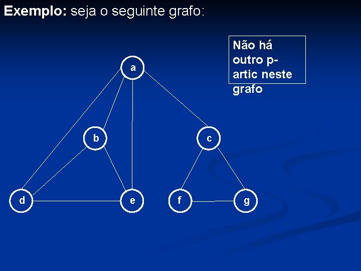 Exemplo: seja o seguinte grafo: Não há outro partic neste grafo a b d