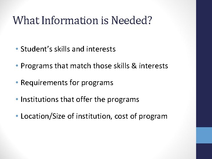 What Information is Needed? • Student’s skills and interests • Programs that match those