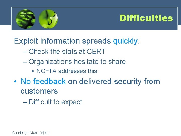 Difficulties Exploit information spreads quickly. – Check the stats at CERT – Organizations hesitate