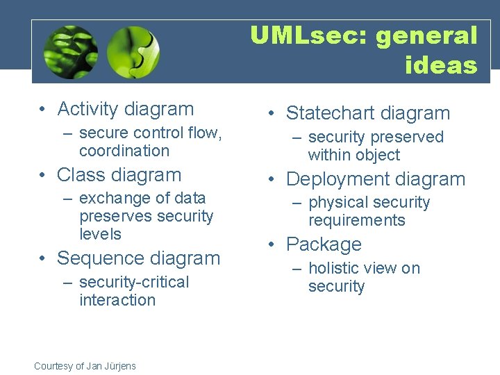 UMLsec: general ideas • Activity diagram – secure control flow, coordination • Class diagram