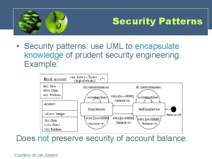 Security Patterns • Security patterns: use UML to encapsulate knowledge of prudent security engineering.
