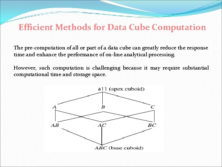 Efficient Methods for Data Cube Computation The pre-computation of all or part of a