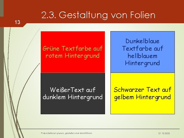 13 2. 3. Gestaltung von Folien Grüne Textfarbe auf rotem Hintergrund Dunkelblaue Textfarbe auf