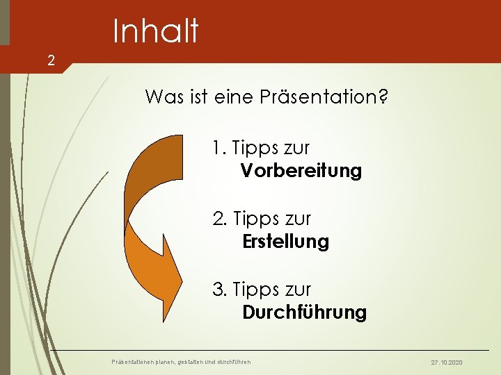 Inhalt 2 Was ist eine Präsentation? 1. Tipps zur Vorbereitung 2. Tipps zur Erstellung