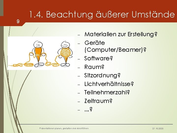 9 1. 4. Beachtung äußerer Umstände - Materialien zur Erstellung? Geräte (Computer/Beamer)? Software? Raum?