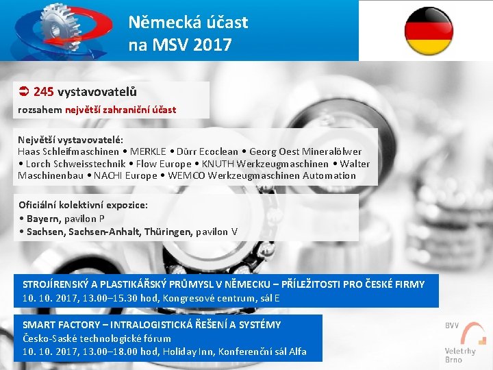 Německá účast na MSV 2017 Ü 245 vystavovatelů rozsahem největší zahraniční účast Největší vystavovatelé: Německá účast na MSV 2017 Ü 245 vystavovatelů rozsahem největší zahraniční účast Největší vystavovatelé: