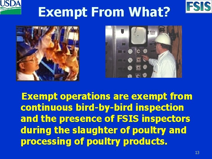 Exempt From What? Exempt operations are exempt from continuous bird-by-bird inspection and the presence