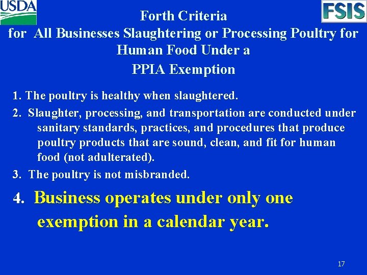 Forth Criteria for All Businesses Slaughtering or Processing Poultry for Human Food Under a
