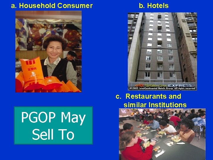 a. Household Consumer PGOP May Sell To b. Hotels c. Restaurants and similar Institutions