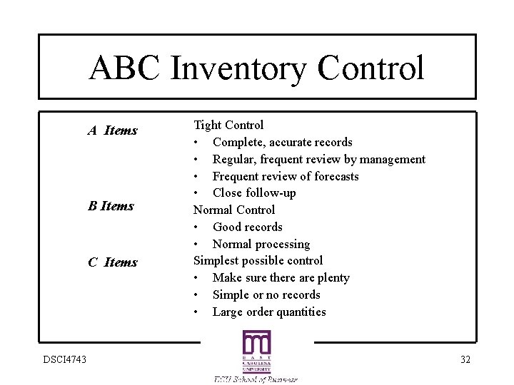 ABC Inventory Control A Items B Items C Items DSCI 4743 Tight Control •