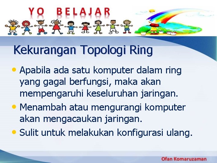 Kekurangan Topologi Ring • Apabila ada satu komputer dalam ring yang gagal berfungsi, maka Kekurangan Topologi Ring • Apabila ada satu komputer dalam ring yang gagal berfungsi, maka
