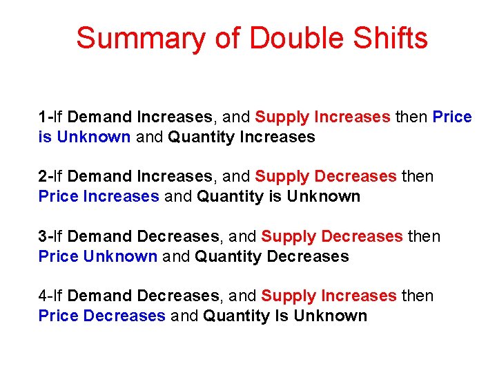 Summary of Double Shifts 1 -If Demand Increases, and Supply Increases then Price is