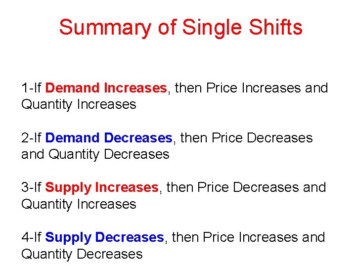 Summary of Single Shifts 1 -If Demand Increases, then Price Increases and Quantity Increases