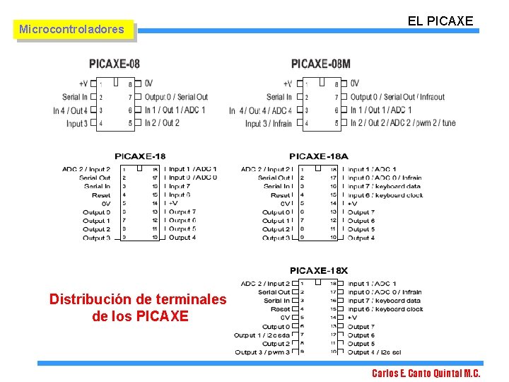 Microcontroladores EL PICAXE Distribución de terminales de los PICAXE Carlos E. Canto Quintal M. Microcontroladores EL PICAXE Distribución de terminales de los PICAXE Carlos E. Canto Quintal M.