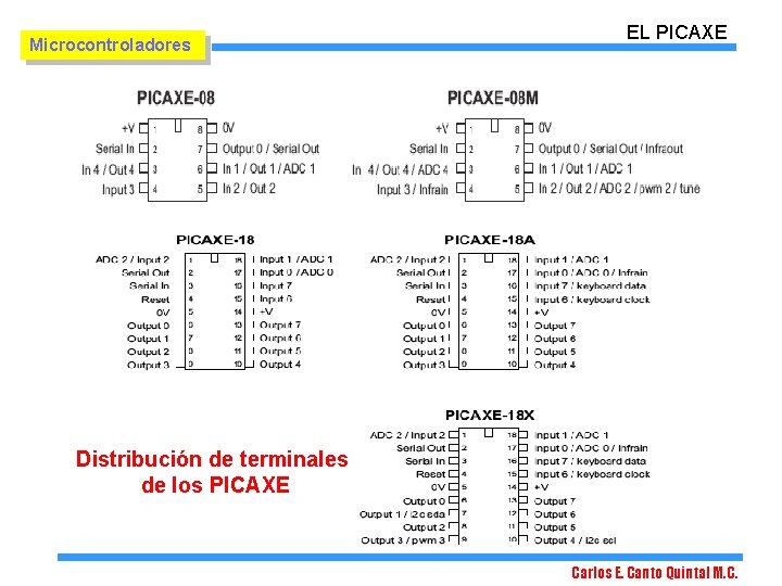Microcontroladores EL PICAXE Distribución de terminales de los PICAXE Carlos E. Canto Quintal M.