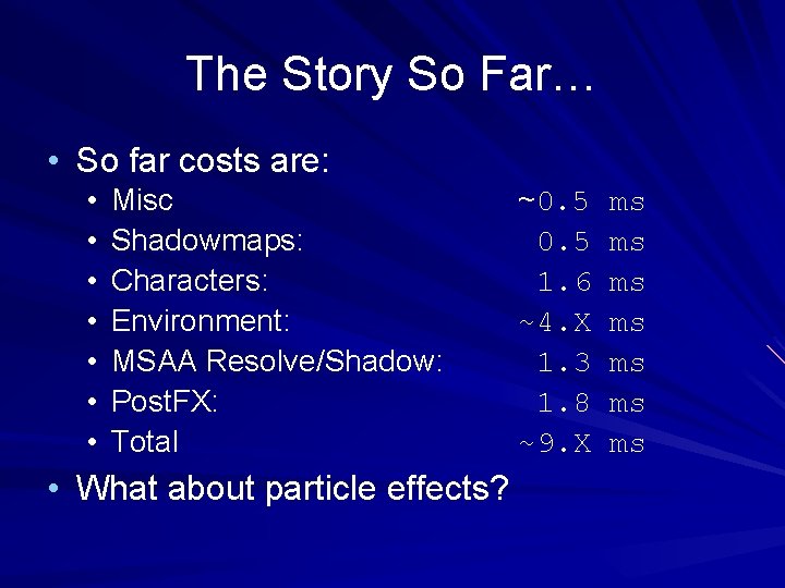The Story So Far… • So far costs are: • • Misc Shadowmaps: Characters: