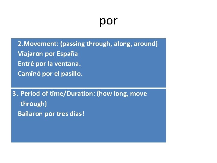 por 2. Movement: (passing through, along, around) Viajaron por España Entré por la ventana.