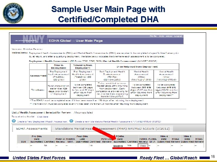 Sample User Main Page with Certified/Completed DHA 5/3/2013 United States Fleet Forces Ready Fleet