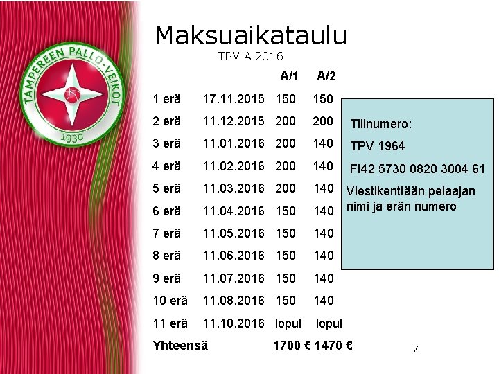 Maksuaikataulu TPV A 2016 A/1 A/2 1 erä 17. 11. 2015 150 2 erä