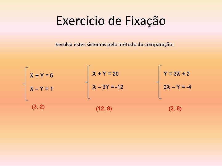 Exercício de Fixação Resolva estes sistemas pelo método da comparação: X+Y=5 X + Y