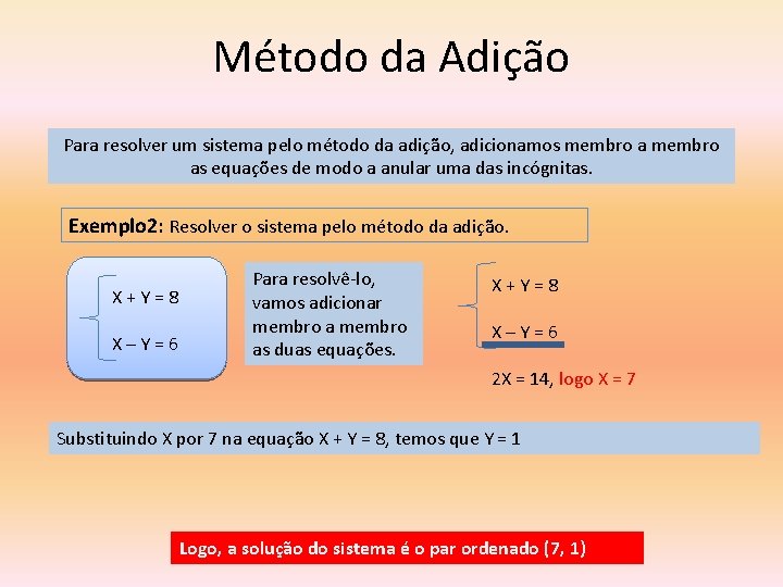 Método da Adição Para resolver um sistema pelo método da adição, adicionamos membro as