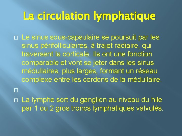 La circulation lymphatique � � � Le sinus sous capsulaire se poursuit par les